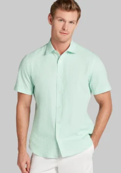 Con.Struct Slim Fit Solid Seersucker Short Sleeve Button Up Shirt