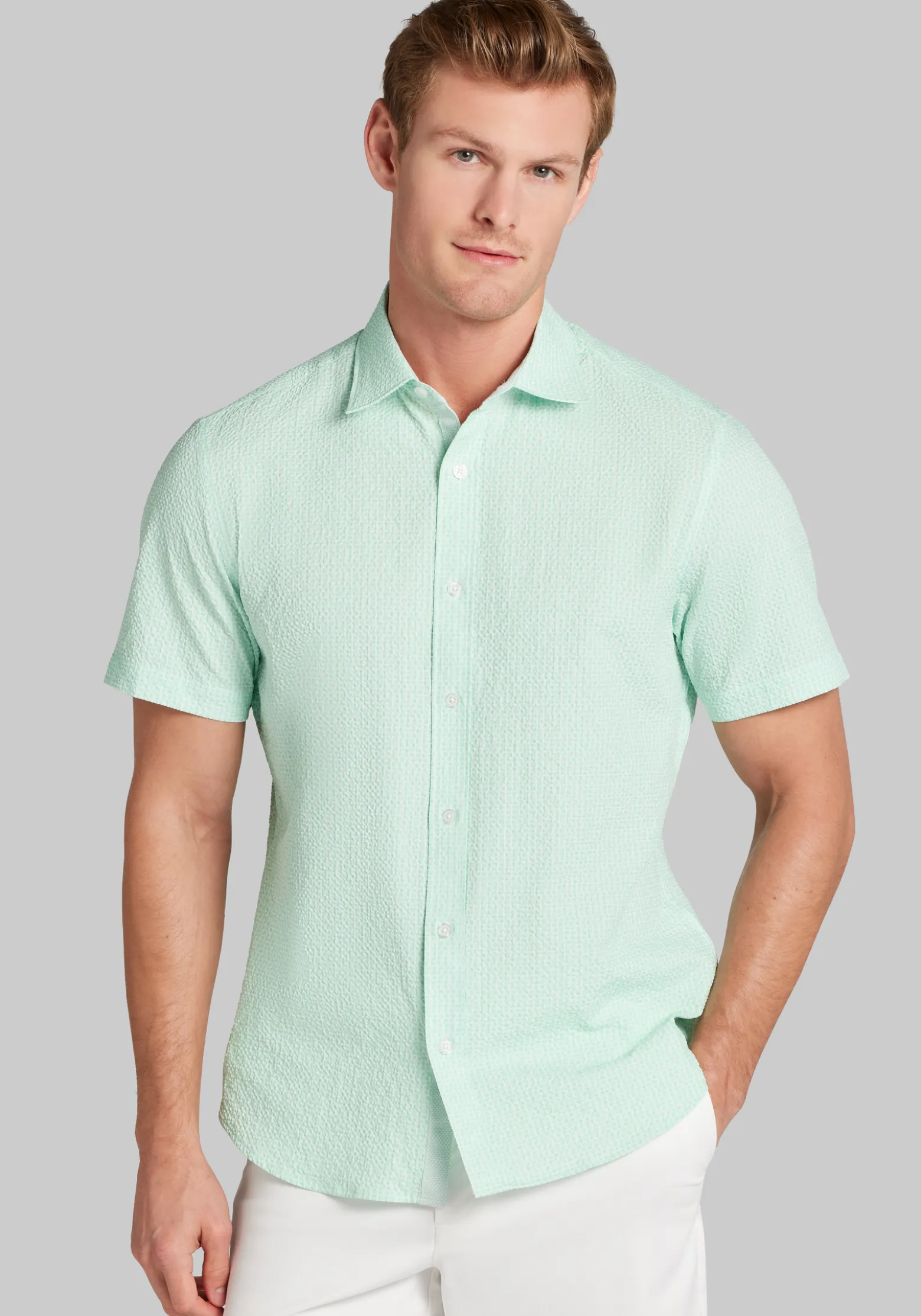 Con.Struct Slim Fit Solid Seersucker Short Sleeve Button Up Shirt
