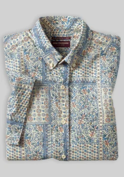 Johnston & Murphy Tailored Fit Floral Tile Short Sleeve Linen Blend Button Up Shirt