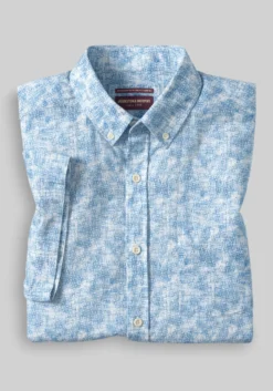 Johnston & Murphy Tailored Fit Floral Tile Short Sleeve Linen Blend Button Up Shirt