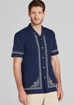 Jos. A. Bank Tailored Fit Border Embroidered Short Sleeve Button Up Shirt - Big & Tall
