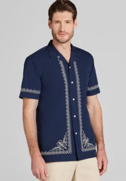 Jos. A. Bank Tailored Fit Border Embroidered Short Sleeve Button Up Shirt