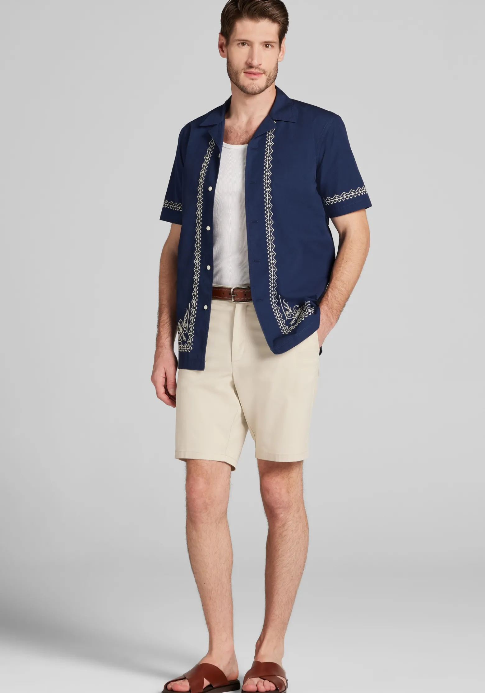 Jos. A. Bank Tailored Fit Border Embroidered Short Sleeve Button Up Shirt