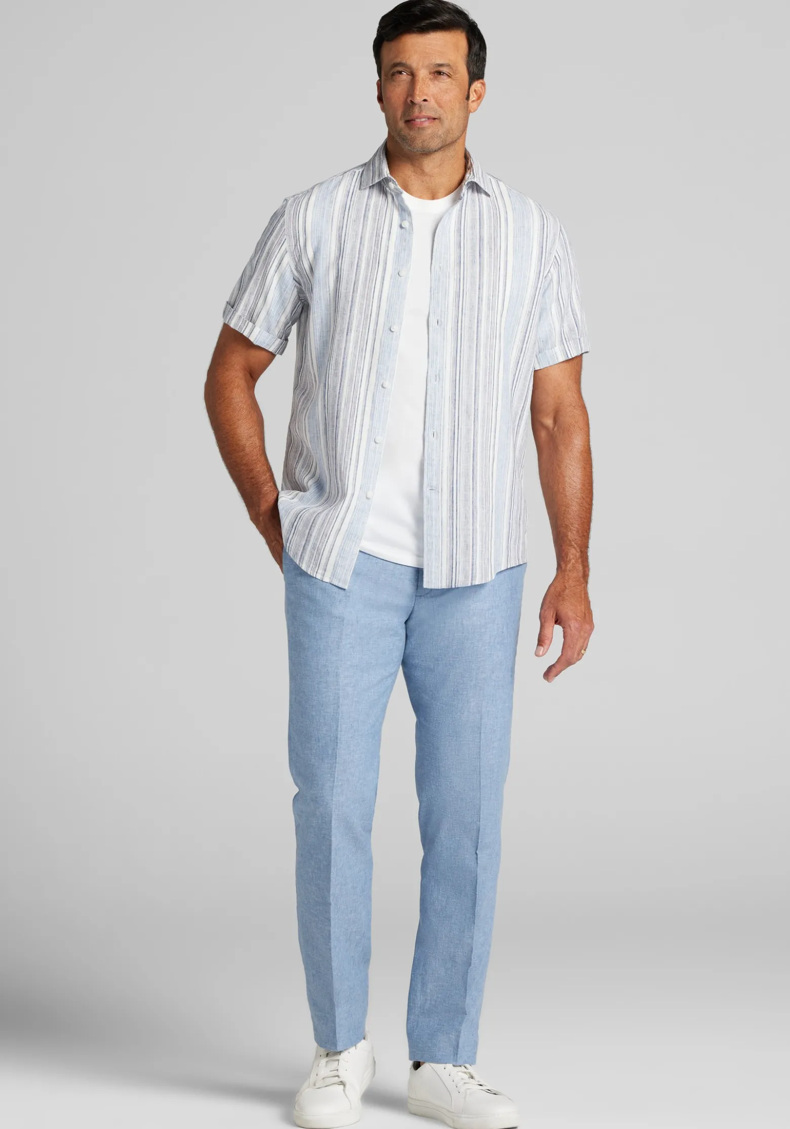Jos. A. Bank Tailored Fit Ombre Stripe Linen Blend Short Sleeve Sportshirt CLEARANCE