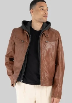 Mauritius Traditional Fit Leather Bomber Jacket With Removable Hood