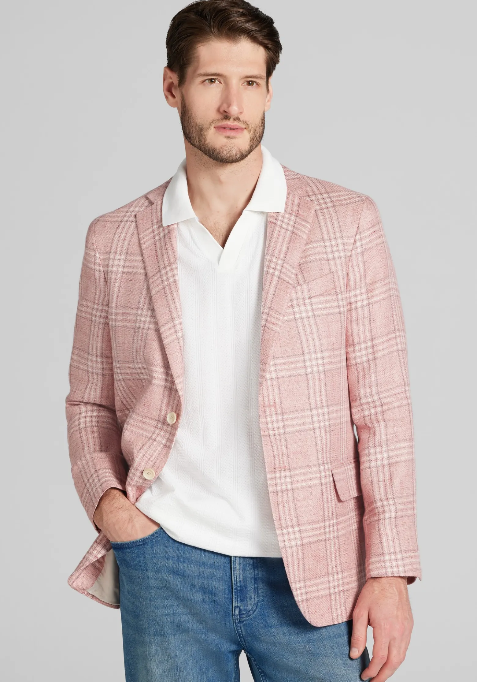 Reserve Collection Tailored Fit Medium Plaid Linen Blend Sportcoat - Big & Tall