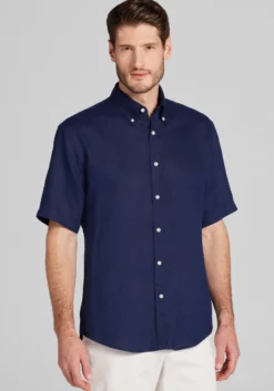 Reserve Collection Tailored Fit Linen Short Sleeve Button Up Shirt - Big & Tall