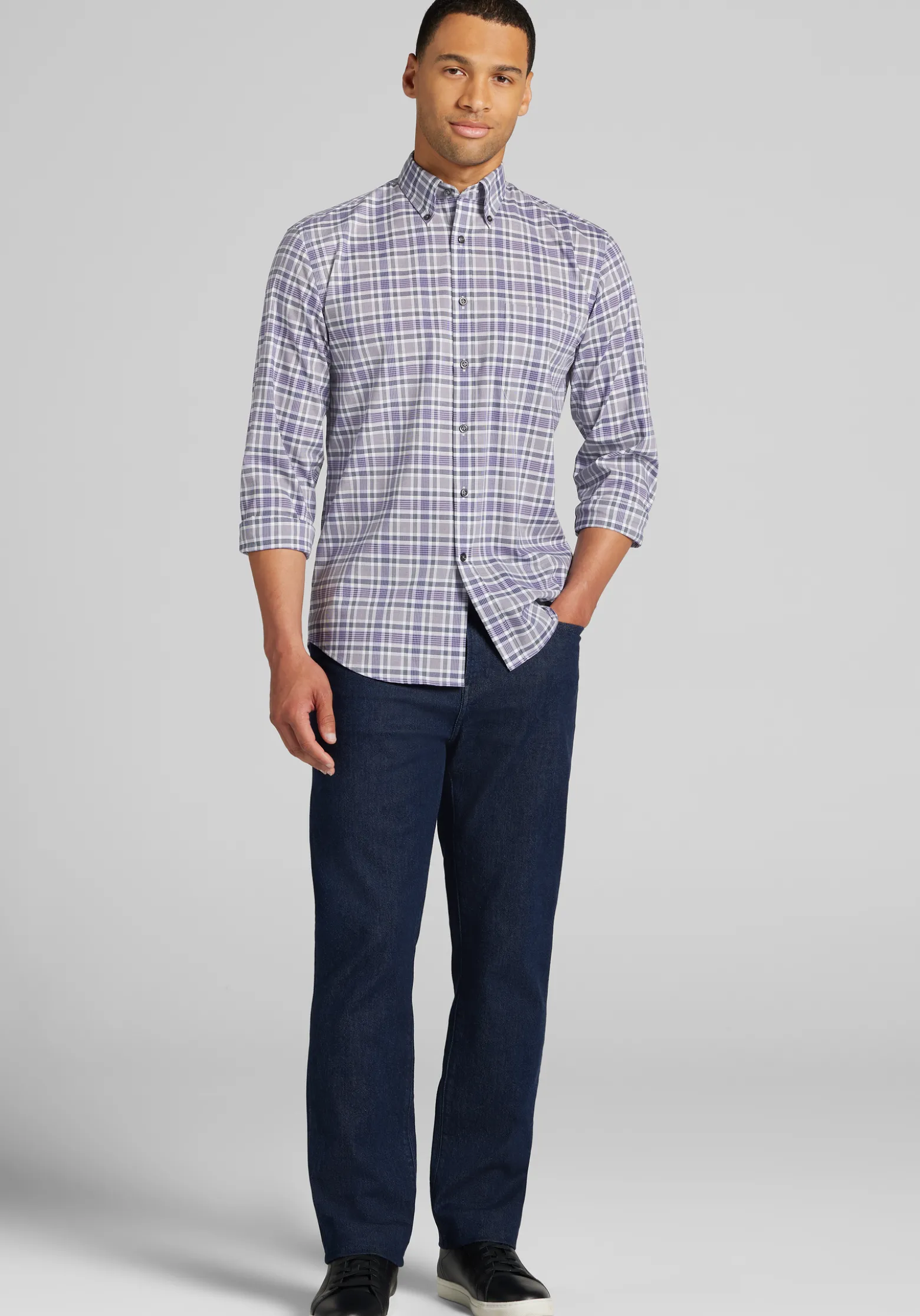 Traveler® Collection Tailored Fit Grid Check Button Up Shirt