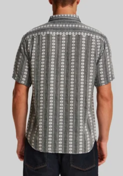 Vintage & Black Traditional Fit Embroidered Flower Striped Short Sleeve Shirt